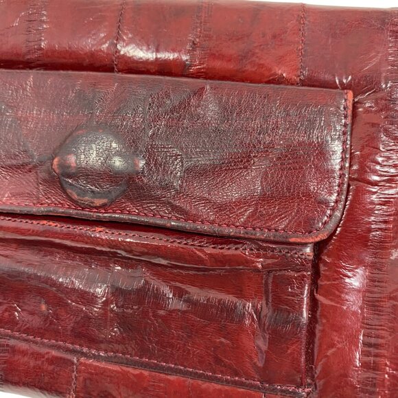 VTG Korean Genuine Eel Skin Trifold Wallet Checkbook Oxblood Red Magnetic Snap - Picture 11 of 11